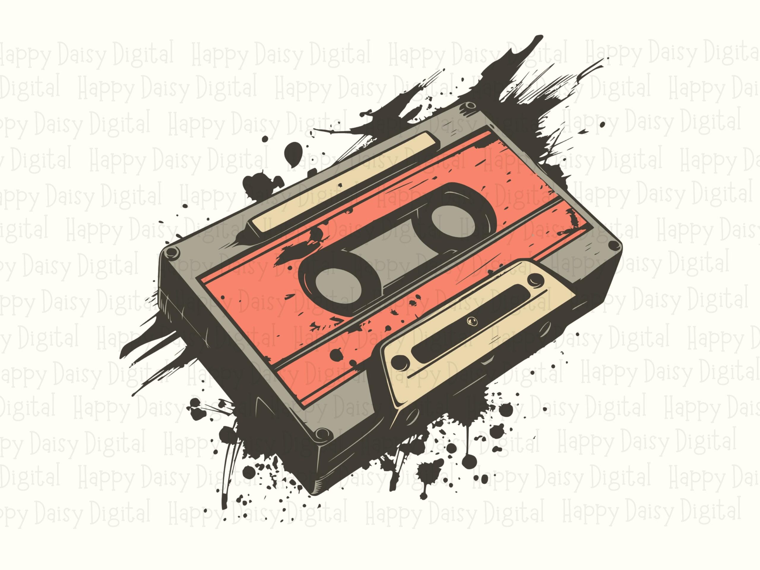 Retro Mixtape PNG, Grunge Cassette Illustration - Orange Gray Paint Splatter | SVG Included, 300 DPI - Image 2