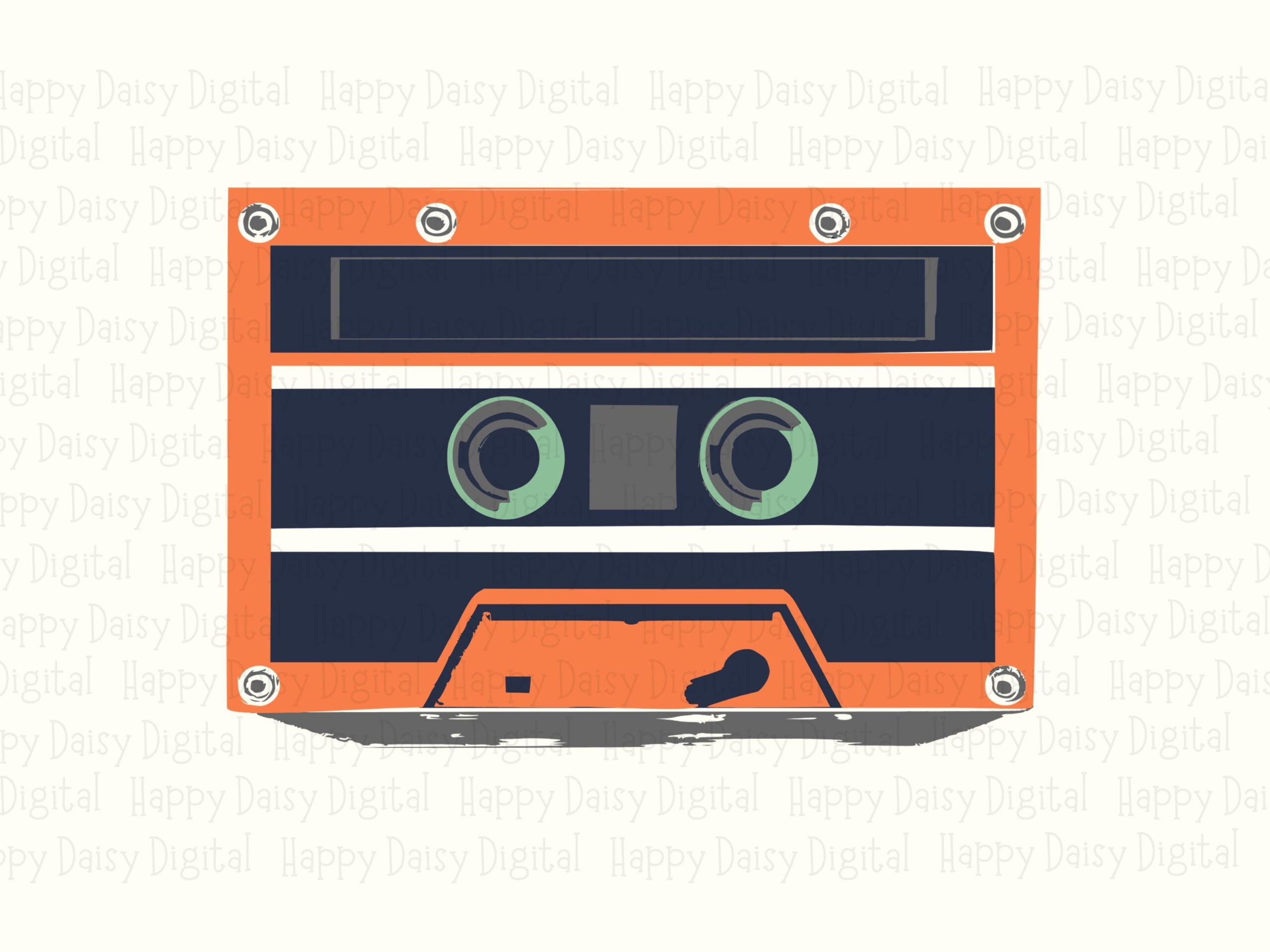 Flat Cassette PNG, Retro 80s Tape Clipart | Orange Navy Illustration, Green Reel Detail | SVG Included, 300 DPI - Image 2