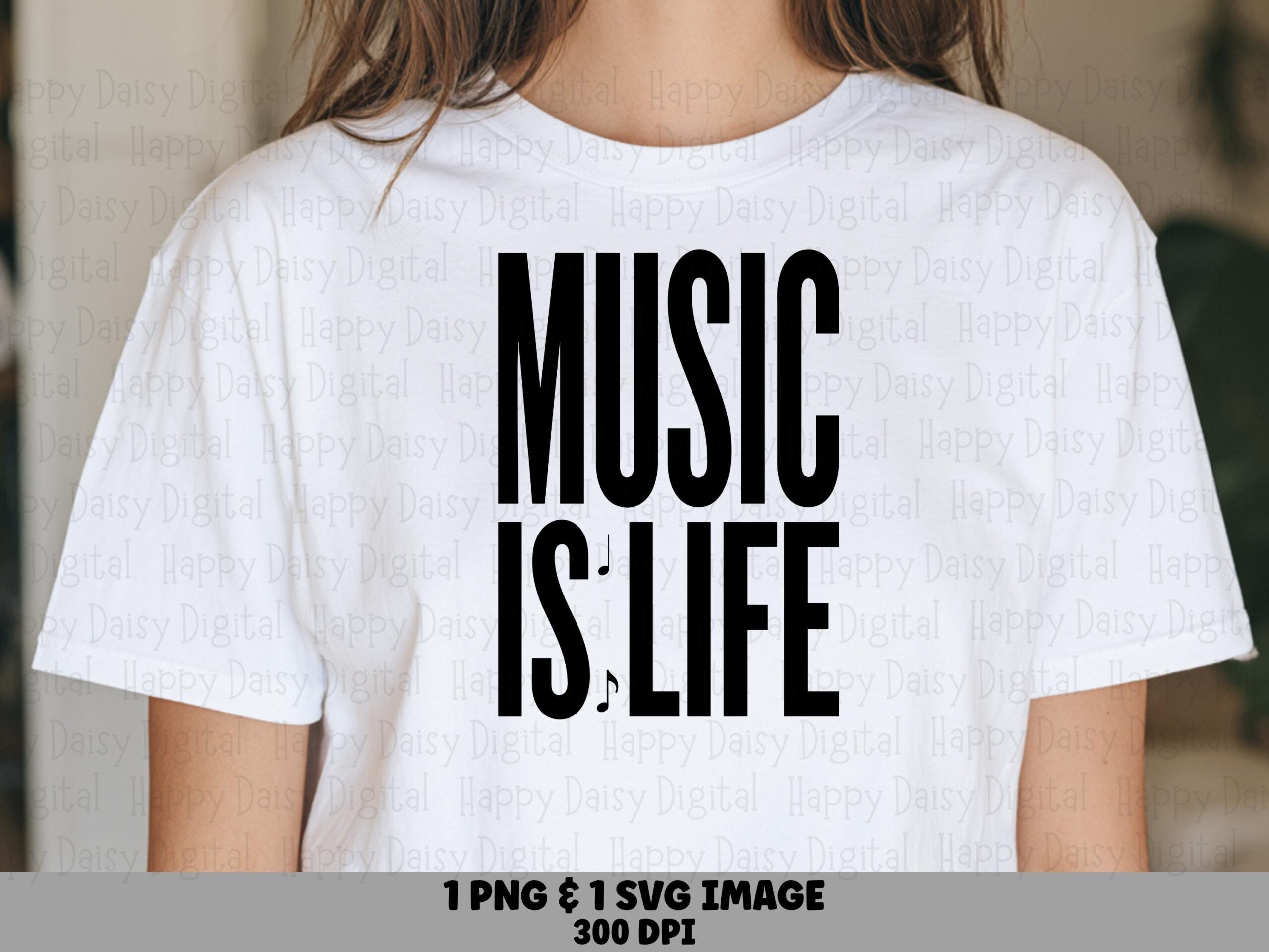 Music Is Life, Bold Stacked Text, PNG SVG | Sublimation Graphic | Commercial Use, POD Seller Asset