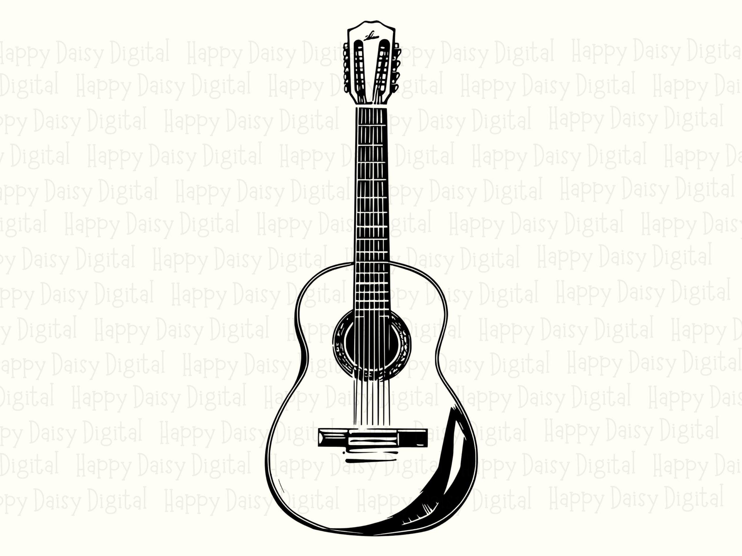 Guitar Line Art, Acoustic Sketch PNG, SVG | Black White Illustration, Commercial Use, POD Sellers, 300 dpi - Image 2