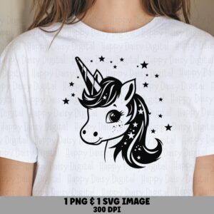 Unicorn Silhouette, Starry Mane Clipart | PNG SVG Files, Monochrome Black Design - Commercial Sublimation, 300 DPI