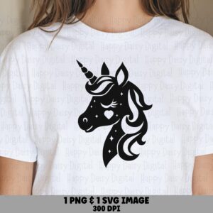 Unicorn Heart, Minimalist Head PNG | SVG File, Sparkle Accent Silhouette, Print-Ready 300DPI