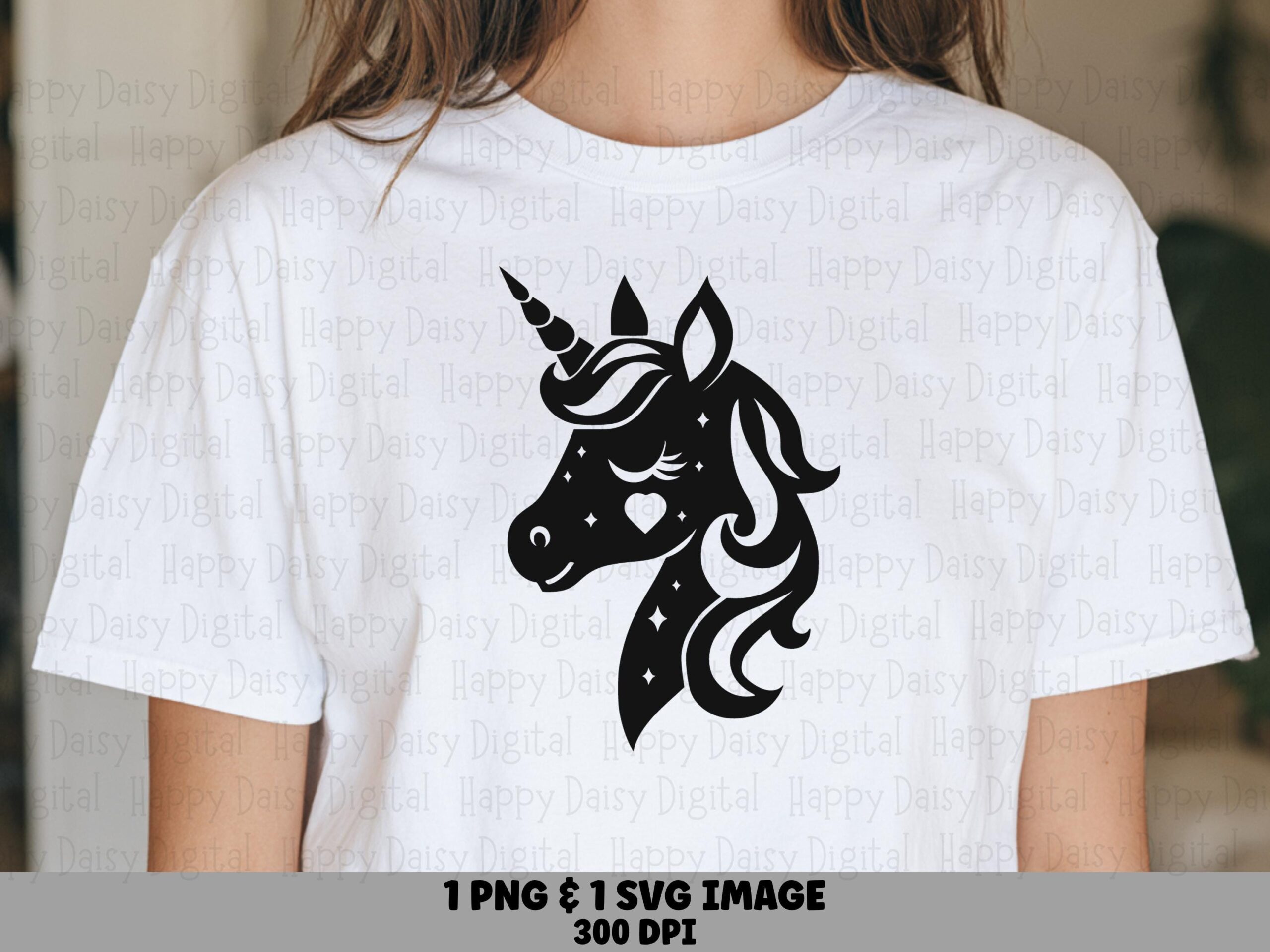 Unicorn Heart, Minimalist Head PNG | SVG File, Sparkle Accent Silhouette, Print-Ready 300DPI