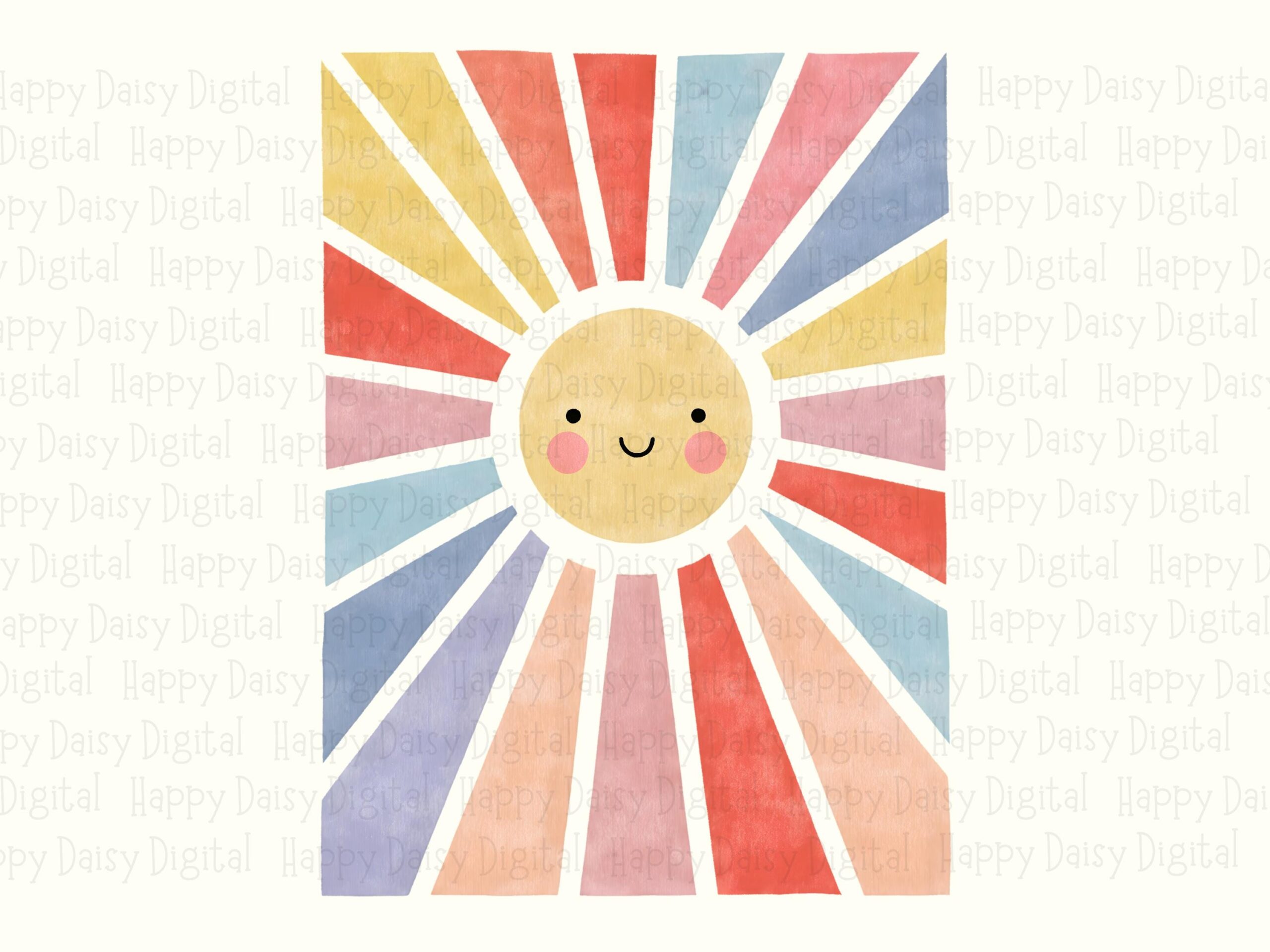 Rainbow Sun, Kawaii Sunburst PNG | Sublimation Commercial Use, Square Striped Rays, Coral Teal Lavender, 300 DPI - Image 2