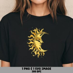 Golden Moon, Vintage Celestial Sun Face Art PNG SVG | Sublimation Print-Ready, 300 DPI, Commercial Use License