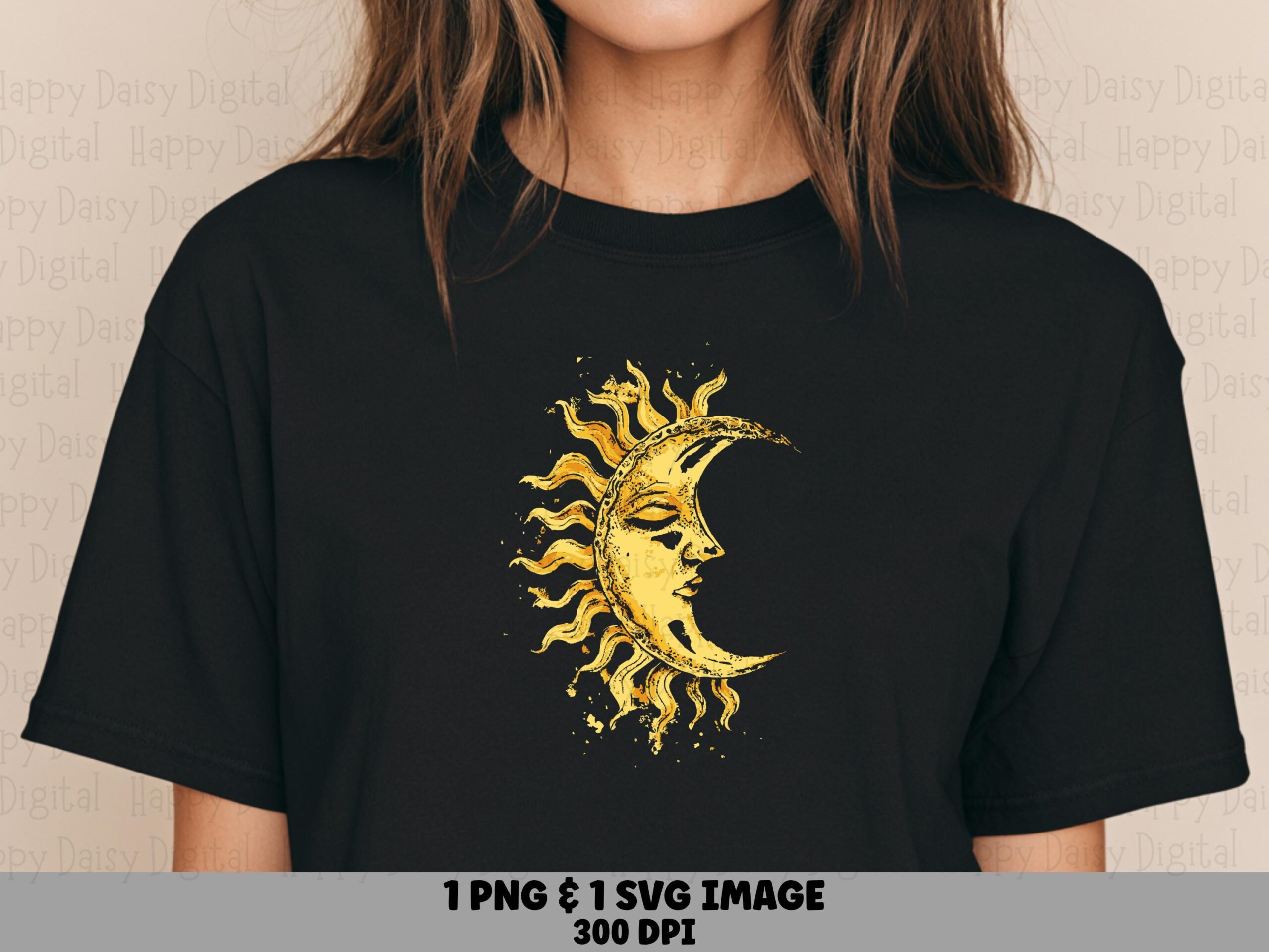 Golden Moon, Vintage Celestial Sun Face Art PNG SVG | Sublimation Print-Ready, 300 DPI, Commercial Use License
