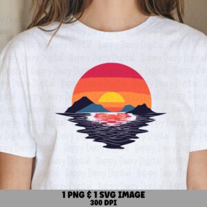 Ocean Sunset, Gradient Clipart - Mountain Silhouette, Water Reflection | PNG & SVG | 300 DPI, Transparent