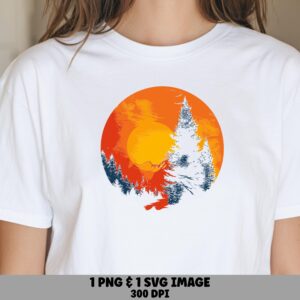 Forest Sunset, Distressed Pine Tree Silhouette Clipart - PNG SVG, Sublimation Commercial Use, 300 DPI