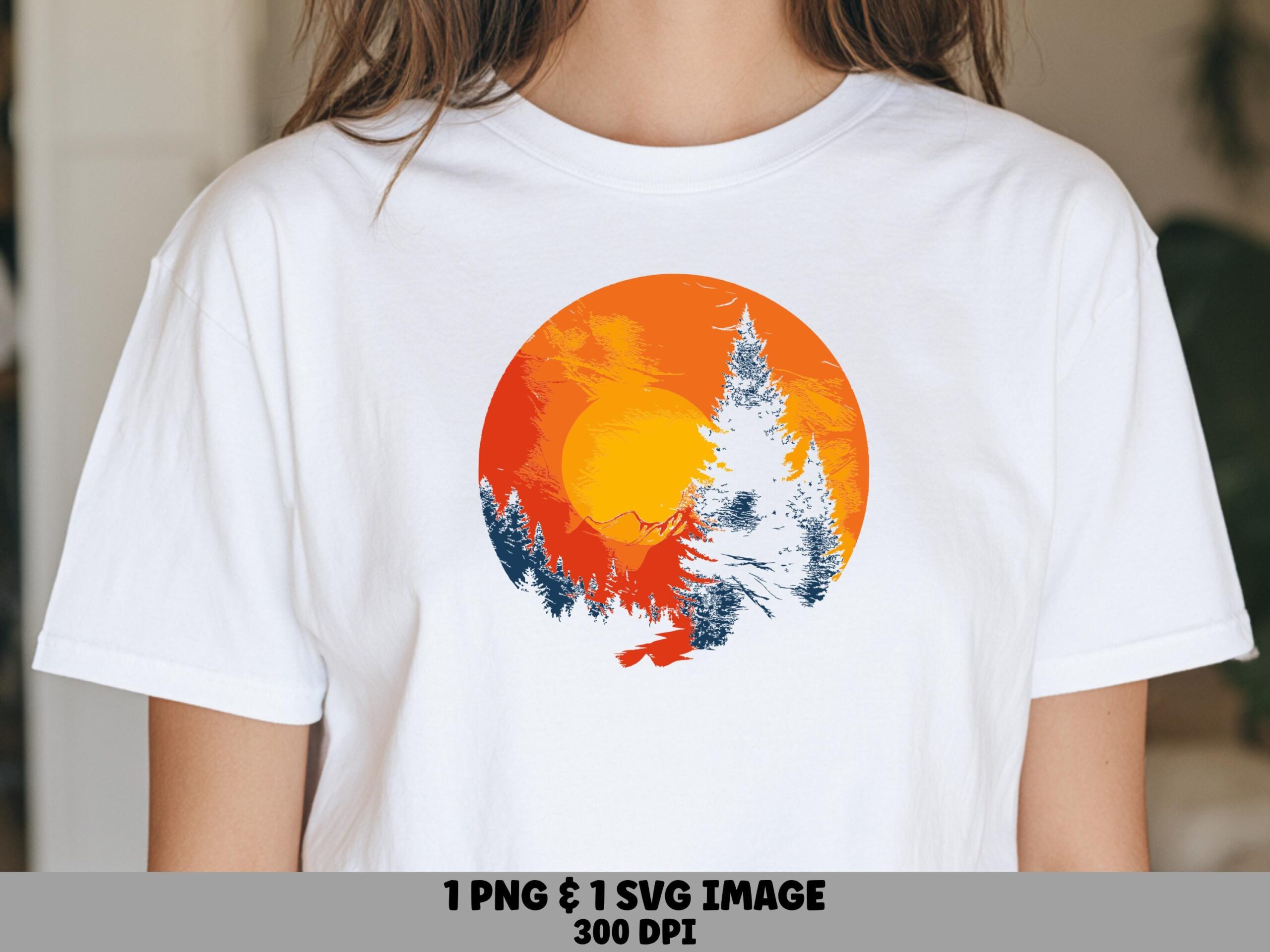 Forest Sunset, Distressed Pine Tree Silhouette Clipart - PNG SVG, Sublimation Commercial Use, 300 DPI