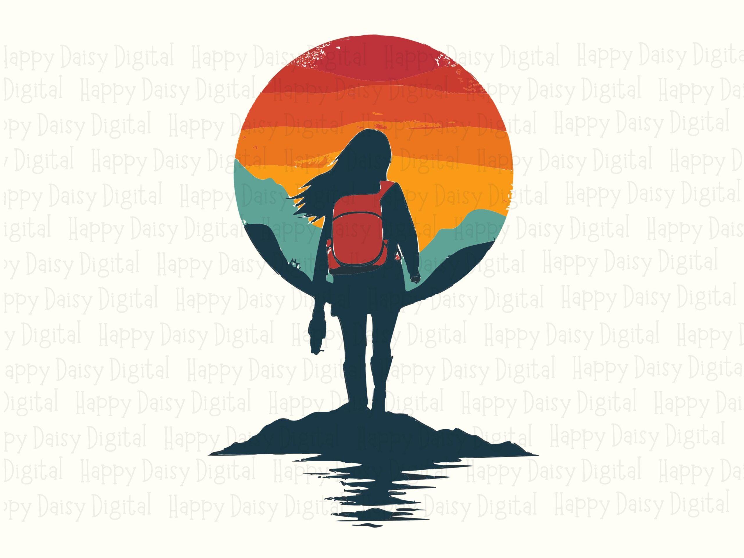 Hiker Silhouette, Retro Sunset Backpacker PNG SVG | Sublimation, Commercial Use - Female Camper Clipart, 300 DPI - Image 2
