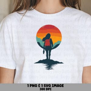 Hiker Silhouette, Retro Sunset Backpacker PNG SVG | Sublimation, Commercial Use - Female Camper Clipart, 300 DPI
