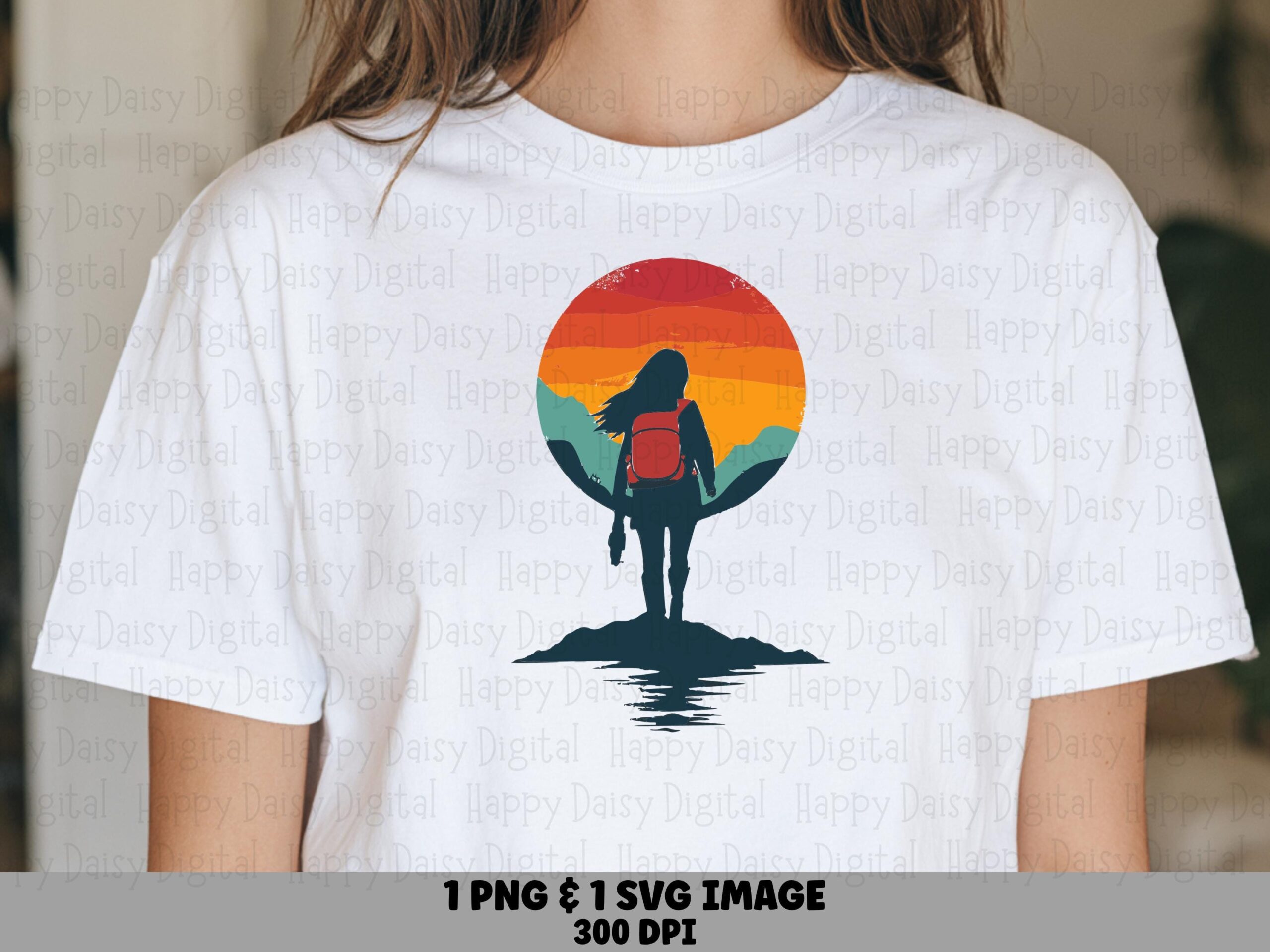 Hiker Silhouette, Retro Sunset Backpacker PNG SVG | Sublimation, Commercial Use - Female Camper Clipart, 300 DPI