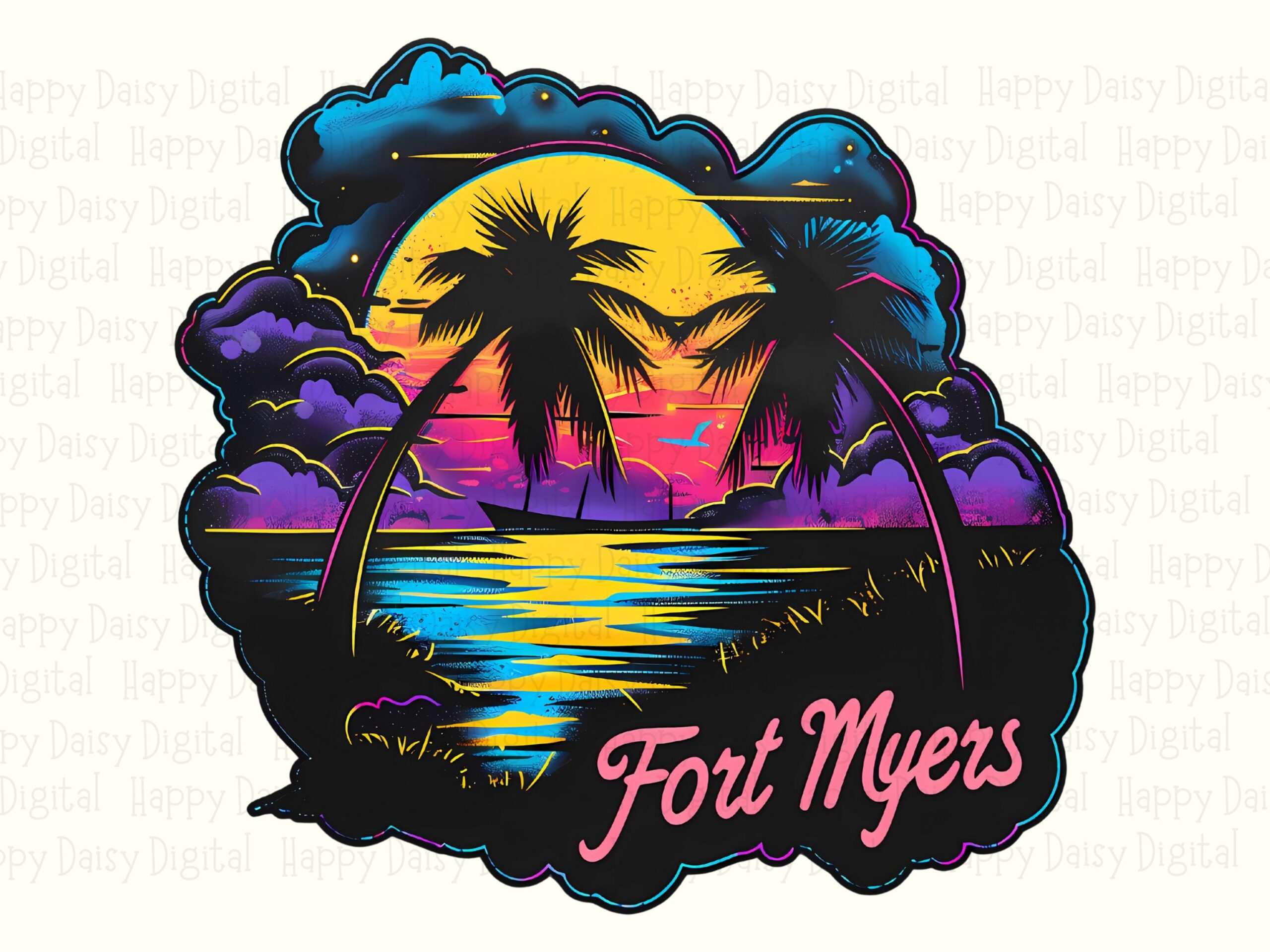 Fort Myers PNG, Neon Sunset Design For Sublimation | Commercial Use, 300 DPI, Transparent Background, POD Graphics - Image 2