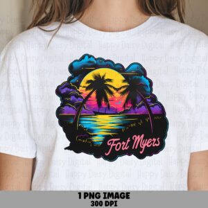 Fort Myers PNG, Neon Sunset Design For Sublimation | Commercial Use, 300 DPI, Transparent Background, POD Graphics