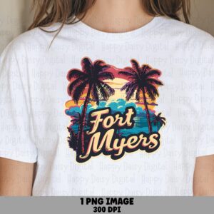 Fort Myers Badge, Retro Sunset Palm Design | Sublimation PNG, Commercial Use License, 300 DPI