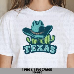 Texas Cowboy Hat, Teal Cactus Illustration PNG SVG | Sublimation Files, Commercial Use, POD