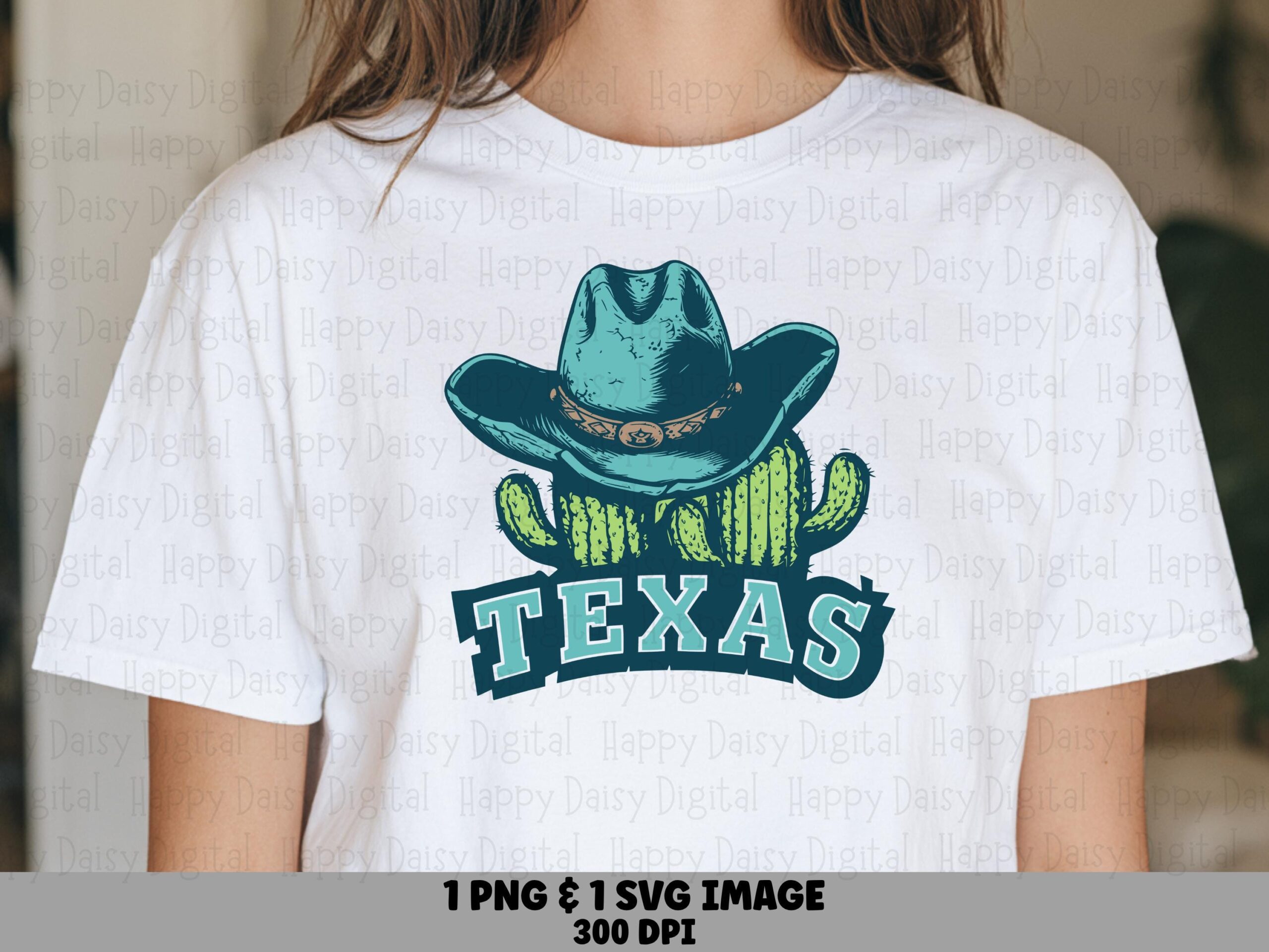 Texas Cowboy Hat, Teal Cactus Illustration PNG SVG | Sublimation Files, Commercial Use, POD