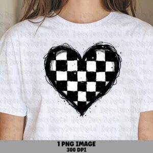 Checkered Heart, Sketch Png Digital File | Black White Checkerboard | 300 Dpi, Commercial Use License
