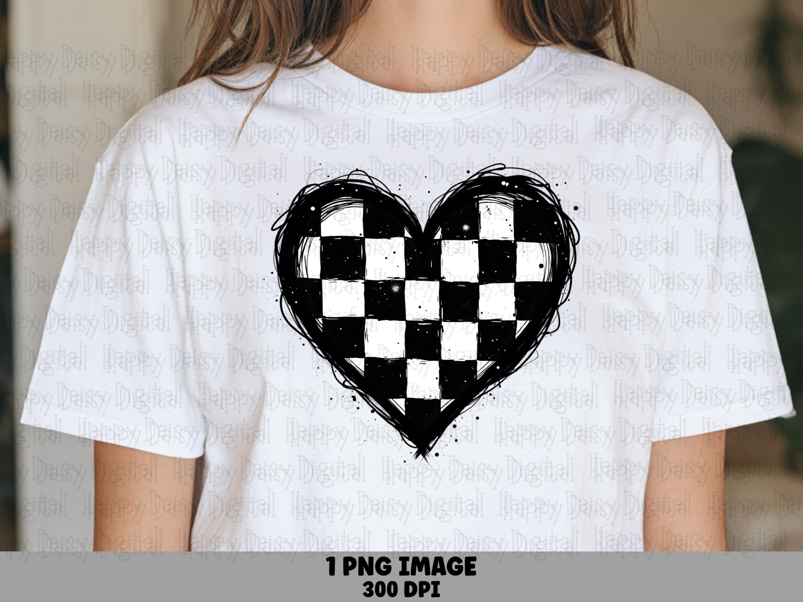 Checkered Heart, Sketch Png Digital File | Black White Checkerboard | 300 Dpi, Commercial Use License