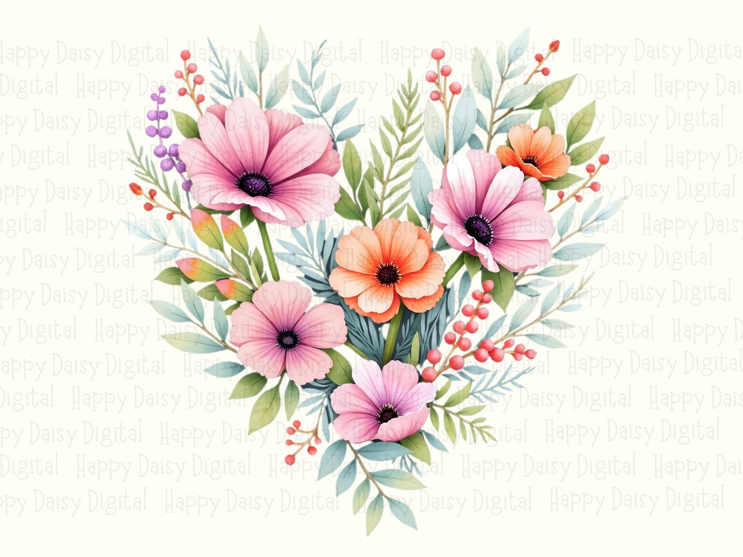 Floral Heart, Watercolor Bouquet PNG - Sublimation, Commercial Use, Transparent 300 DPI, Cricut Compatible - Image 2