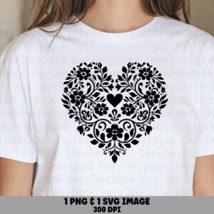 Floral Heart, Bold Black Wreath PNG SVG | Sublimation, Commercial License, 300 dpi - For POD Sellers, Cricut, Silhouette