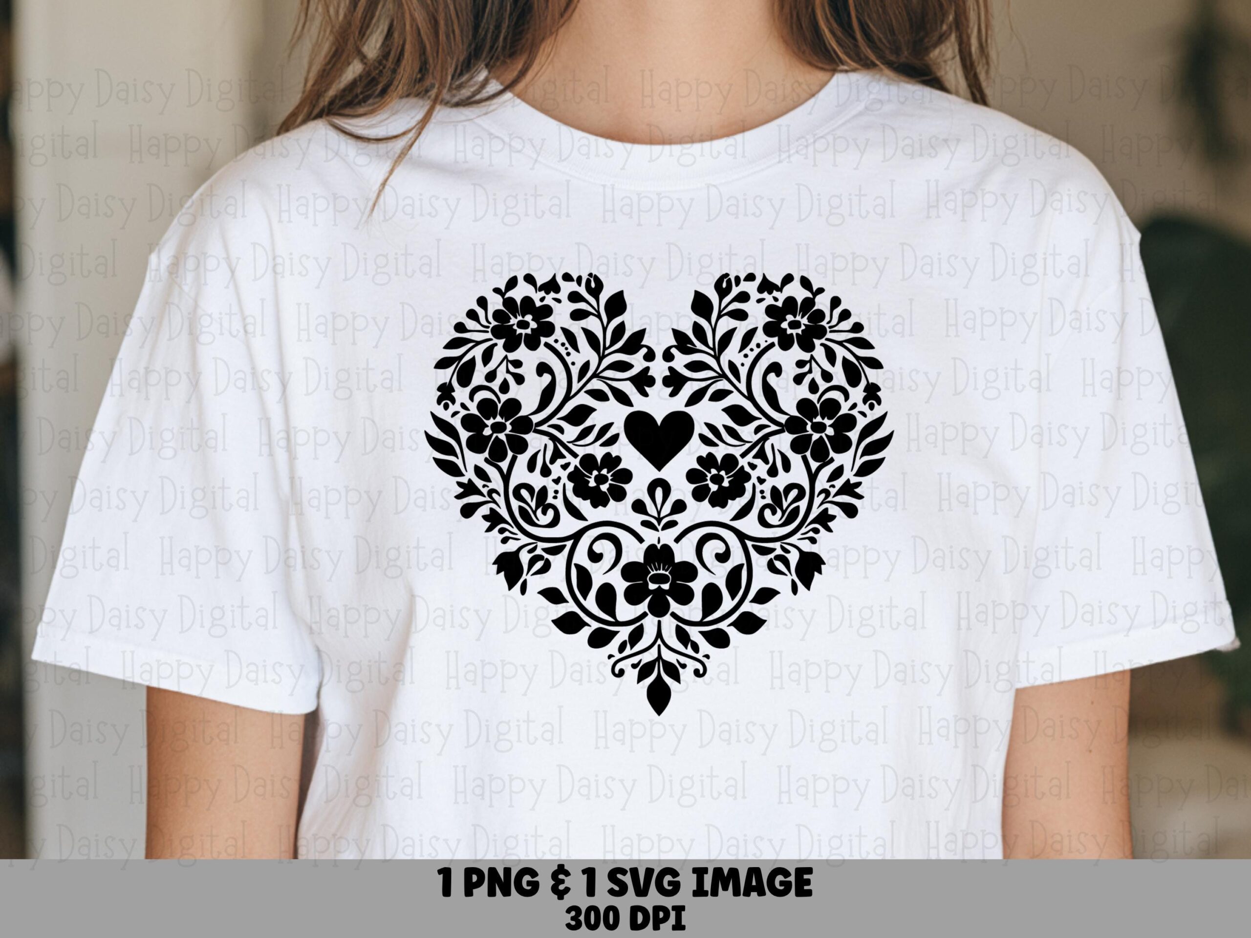 Floral Heart, Bold Black Wreath PNG SVG | Sublimation, Commercial License, 300 dpi - For POD Sellers, Cricut, Silhouette