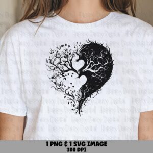Yin Yang Heart, Tree Silhouette PNG SVG Files | Black White Balance Clipart, Commercial Use