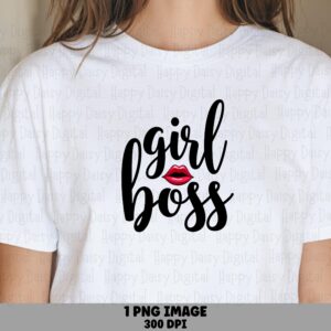 Girl Boss Png, Script Black Lettering With Red Lips, Sublimation DTF Design, Transparent 300 DPI, Commercial Use