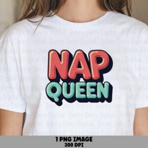 Nap Queen PNG, Retro Coral Teal 3D Bubble Lettering, Sublimation DTF Design - Transparent, 300 DPI