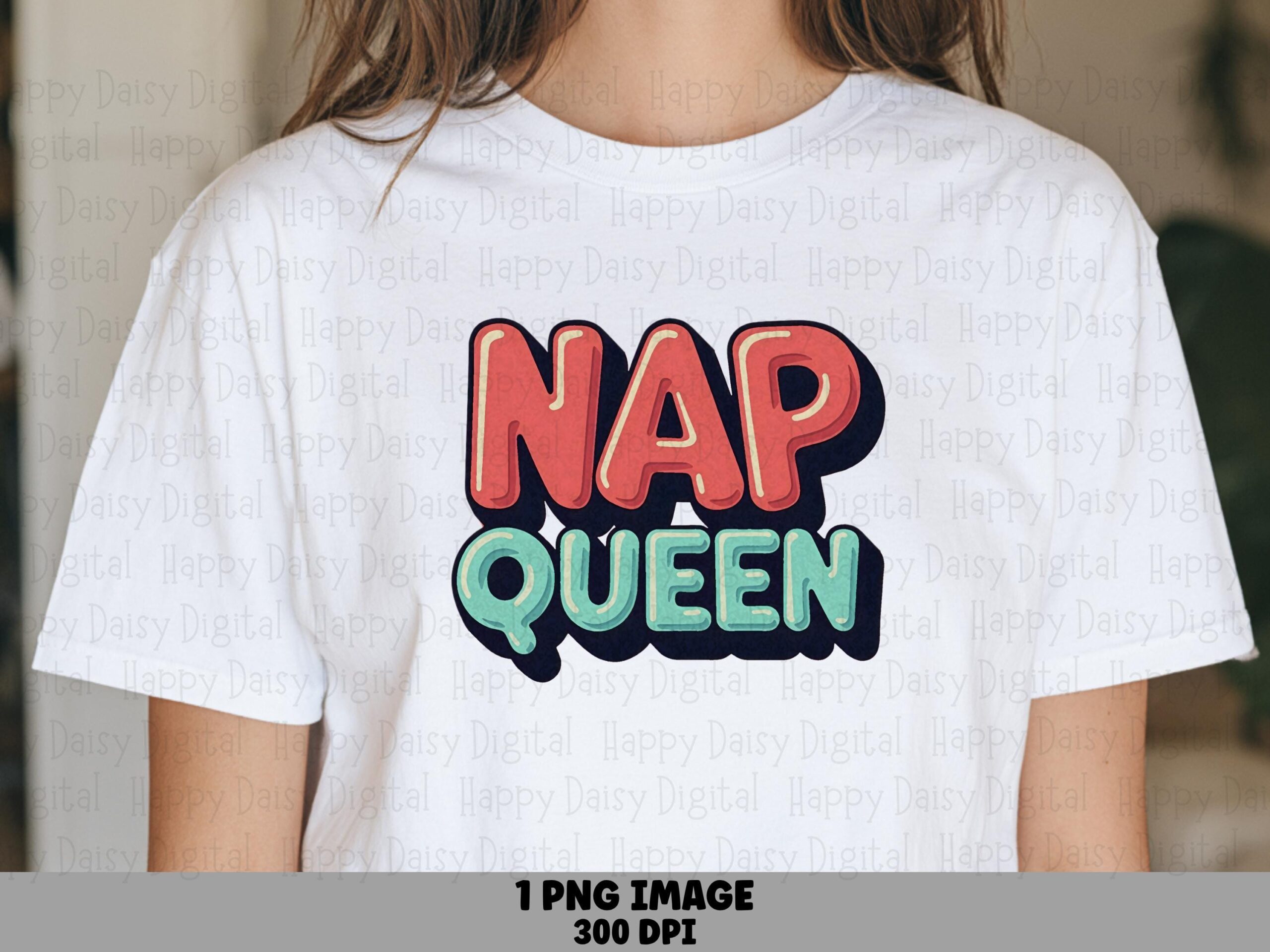 Nap Queen PNG, Retro Coral Teal 3D Bubble Lettering, Sublimation DTF Design - Transparent, 300 DPI