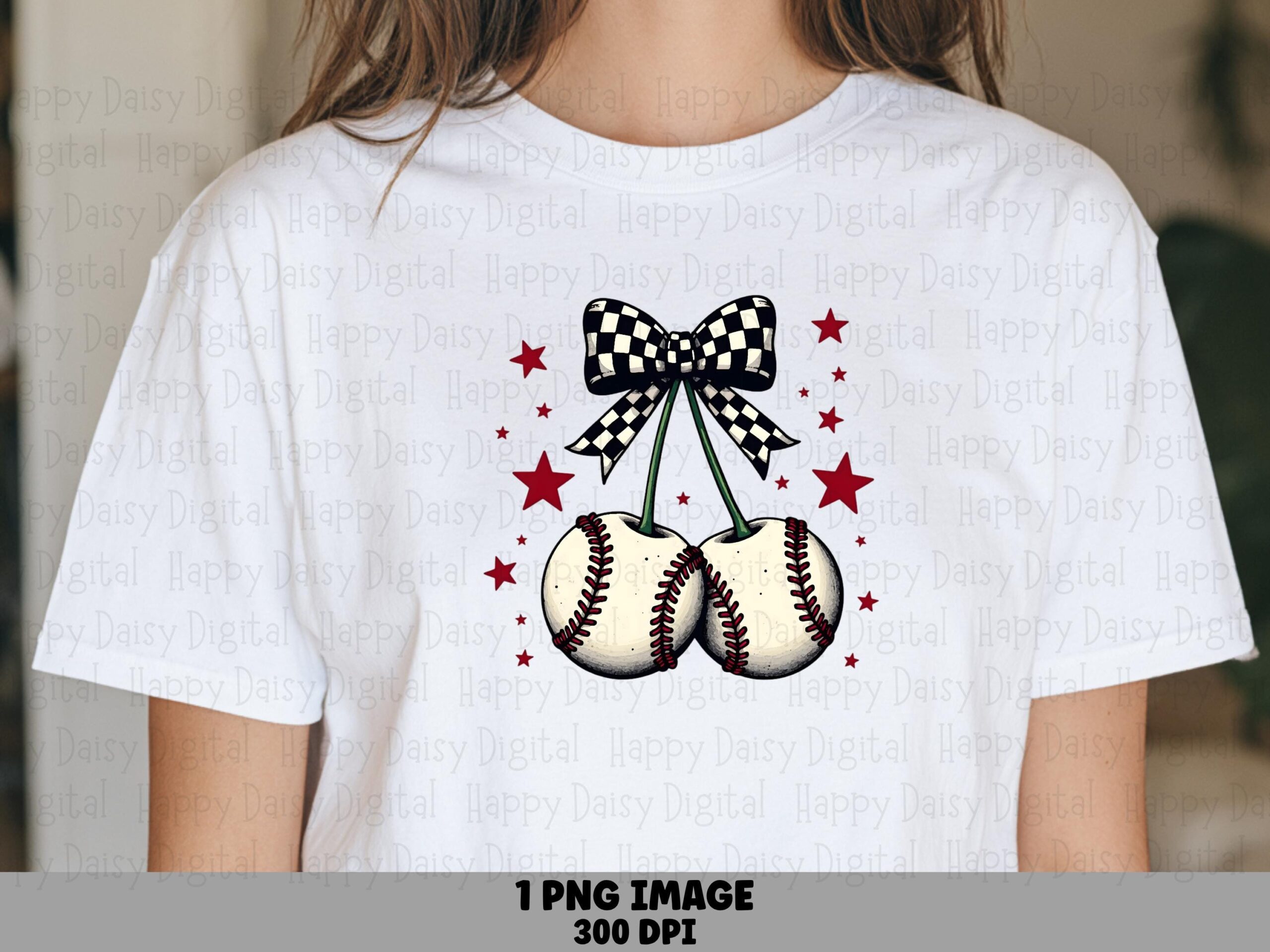 Cherry Bow PNG, Checkered Baseball Cherries Clipart | 300 DPI, Sublimation Commercial Use, POD Sellers