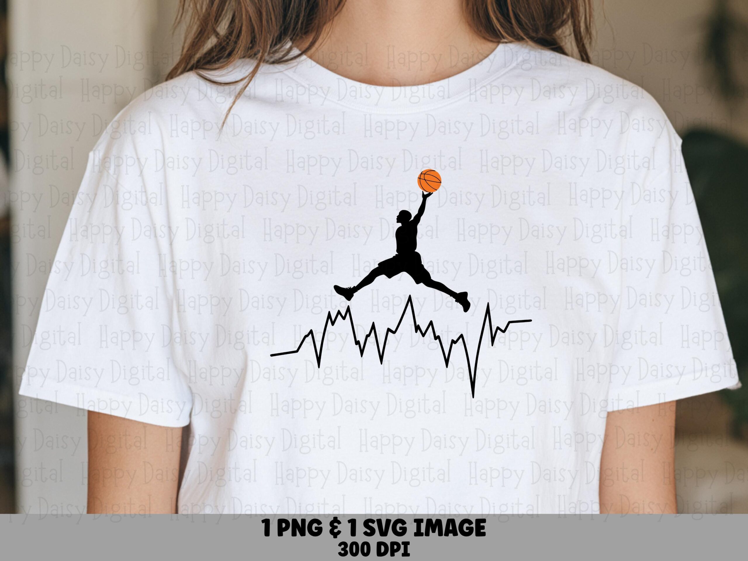 Jumpshot Heartbeat, Black Silhouette Basketball PNG & SVG | Orange Ball, Pulse Line, Commercial Use, 300DPI