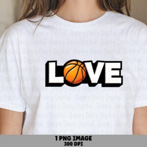Basketball Love, Sublimation PNG | 300 DPI Transparent, Commercial Use - Black Outline Lettering, Orange Hoop, Art