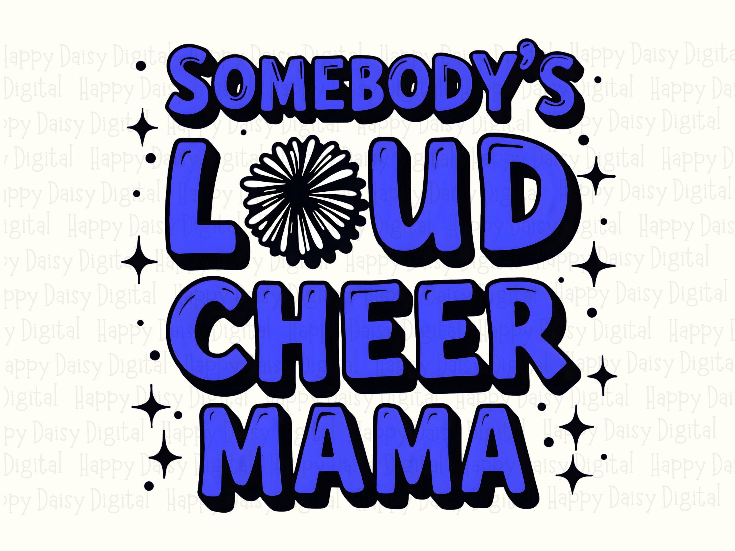 Cheer Mama PNG, Bubble Letter Sublimation Graphic | Blue Pom-Pom Accent | Sparkle Star Details, 300 DPI - Image 2