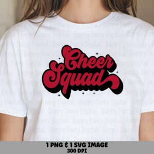 Cheer Squad, Retro Bubble Script PNG & SVG | Red Sparkle Letters, Black Drop Shadow, Sublimation 300 DPI