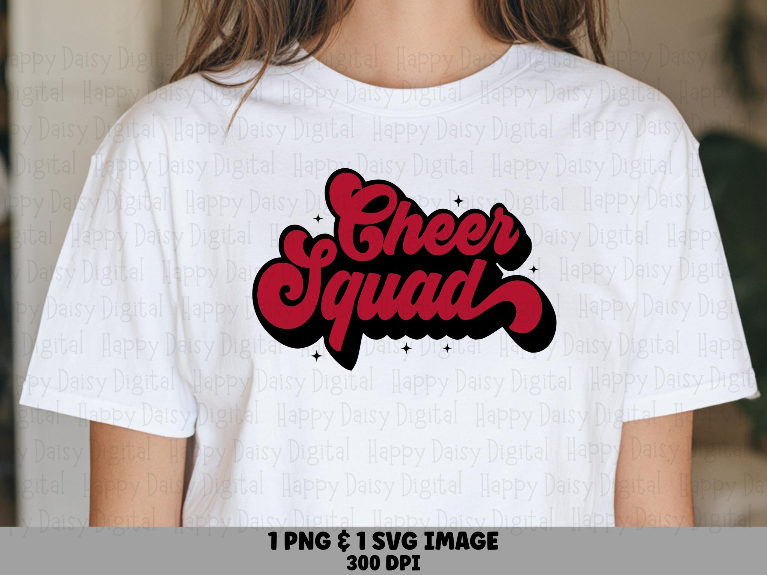 Cheer Squad, Retro Bubble Script PNG & SVG | Red Sparkle Letters, Black Drop Shadow, Sublimation 300 DPI