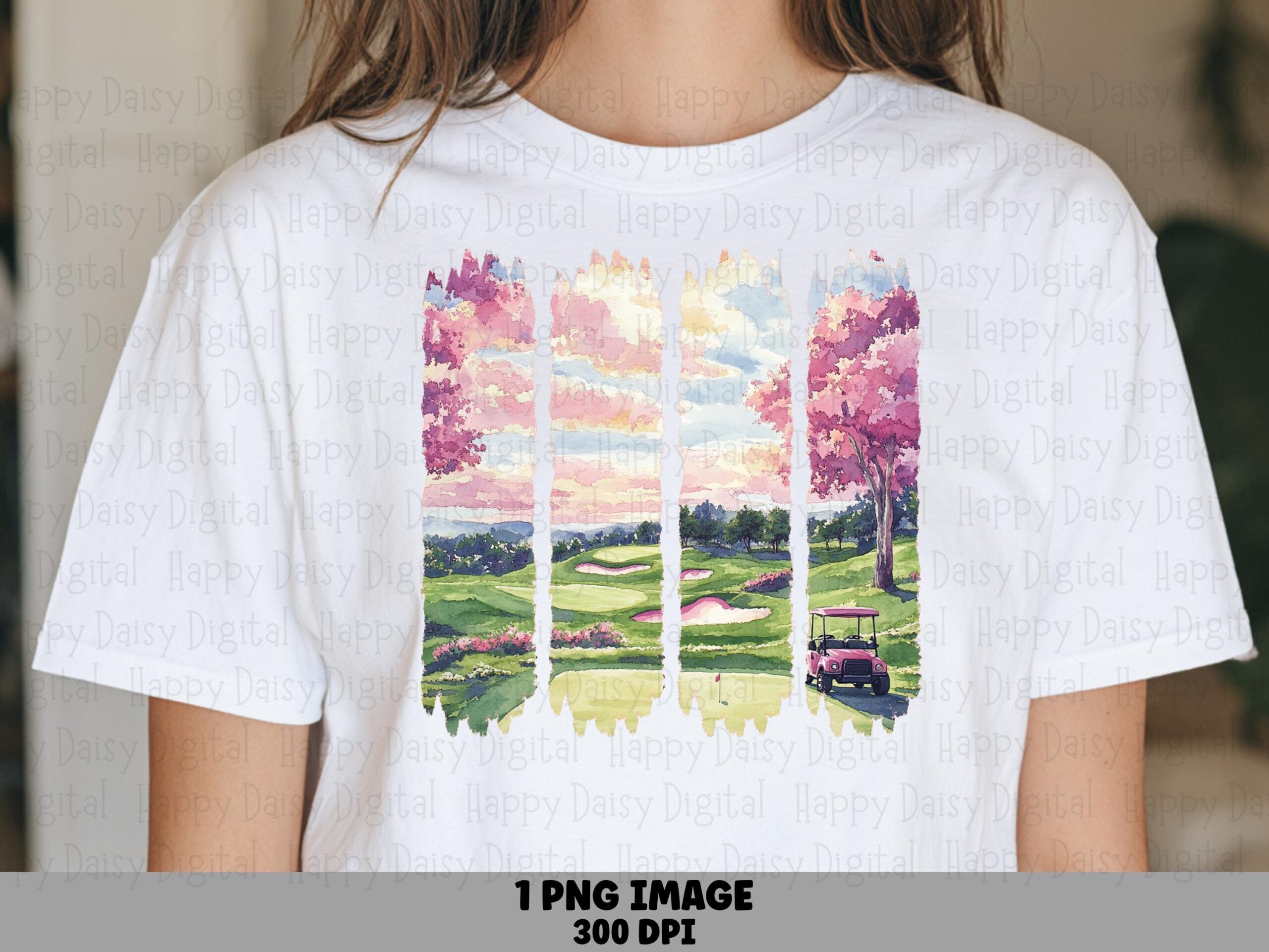Pink Sunset, Watercolor Golf Fairway PNG | Sublimation, Commercial Use, 300 DPI, Cherry Blossom Panels