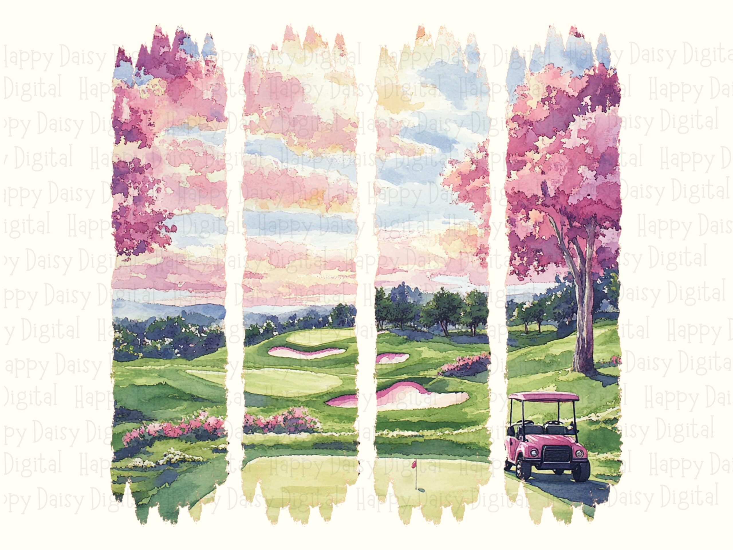 Pink Sunset, Watercolor Golf Fairway PNG | Sublimation, Commercial Use, 300 DPI, Cherry Blossom Panels - Image 2