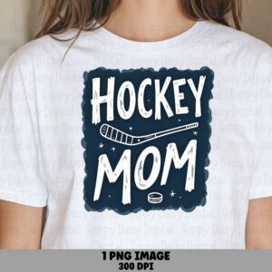 Hockey Mom, Badge PNG, Navy Scalloped Emblem - Distressed Lettering, Stick & Puck Accent, Commercial Use 300 DPI