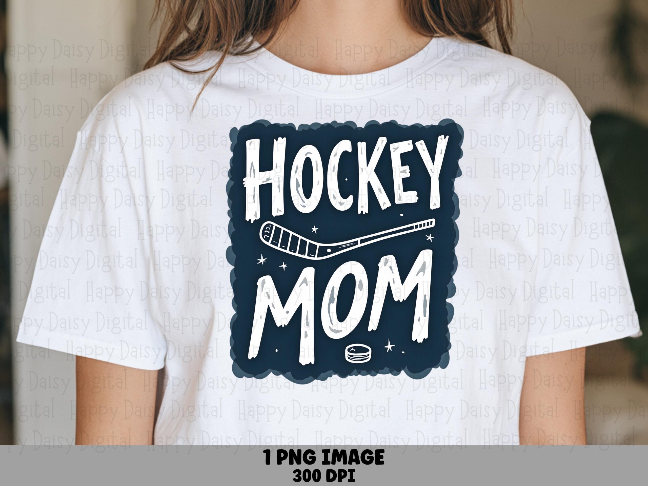 Hockey Mom, Badge PNG, Navy Scalloped Emblem - Distressed Lettering, Stick & Puck Accent, Commercial Use 300 DPI