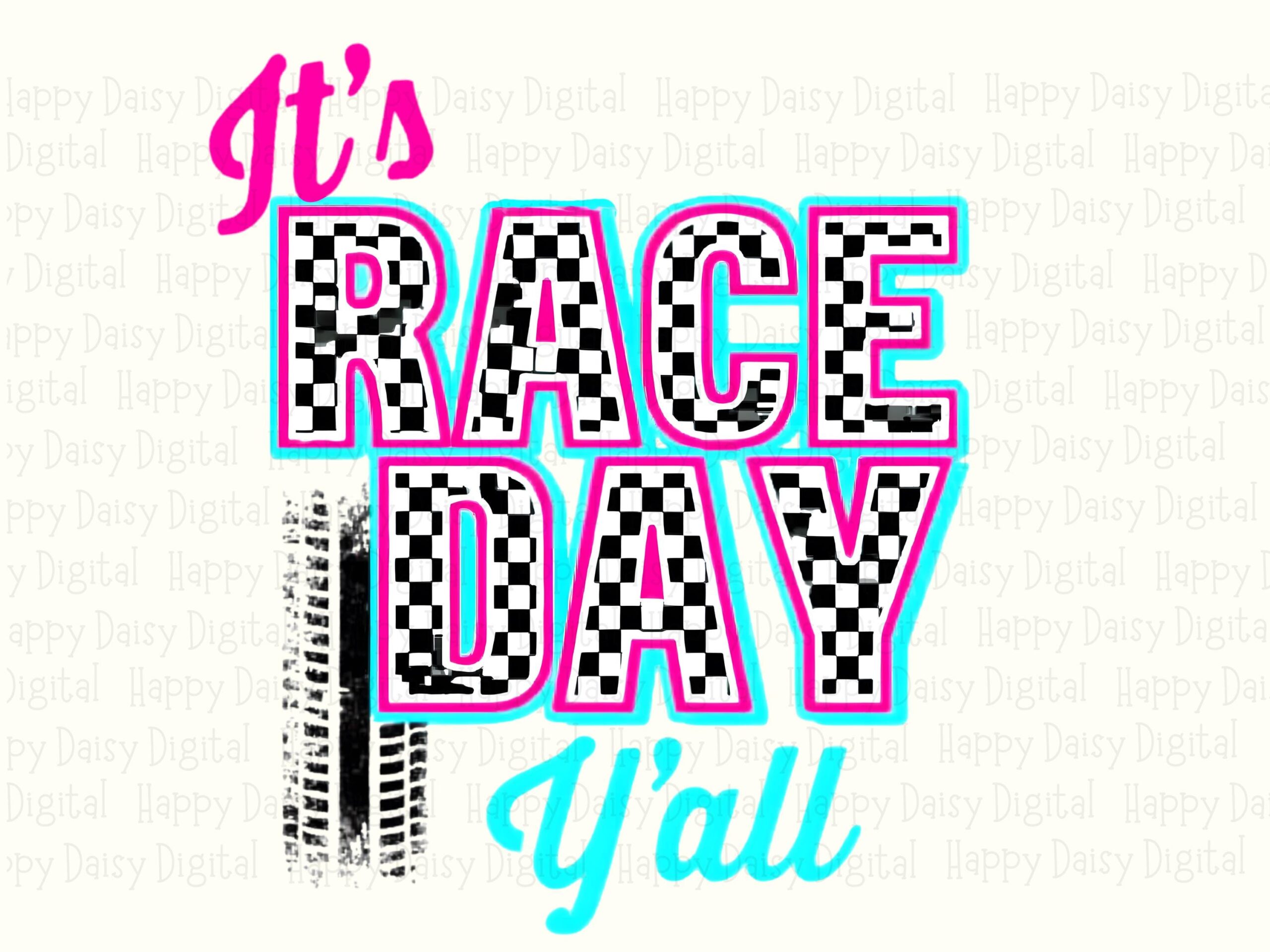 Race Day Yall, Checkered Pink Teal Sublimation PNG | Tire Track Accent | 300 DPI Commercial License - Image 2