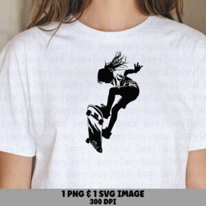 Skater Girl Silhouette, Action Skateboarding PNG & SVG - Black, 300 dpi, Commercial, POD, Cricut, Canva