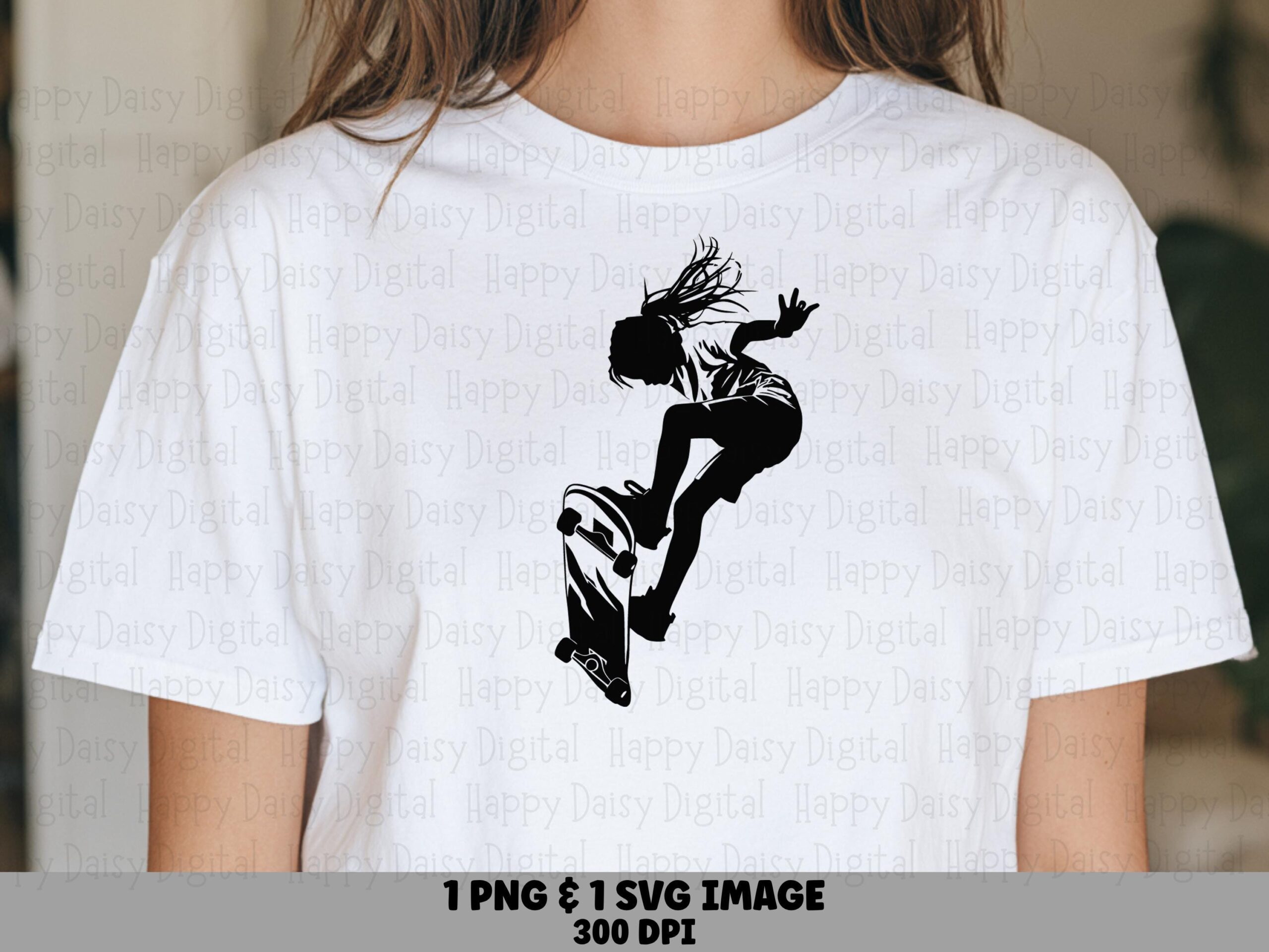 Skater Girl Silhouette, Action Skateboarding PNG & SVG - Black, 300 dpi, Commercial, POD, Cricut, Canva