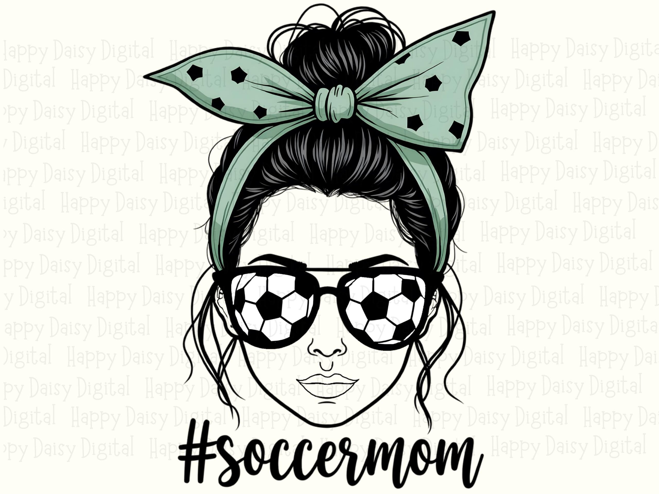 Soccer Mom, Messy Bun Bandana Face, Mint Polka Dot Headwrap | PNG Sublimation File | Ball Sunglasses, 300 DPI - Image 2