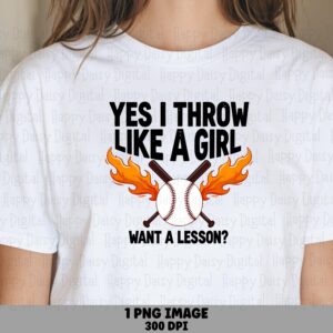 Throw Like Girl, Baseball Flames Crossed Bats PNG | Sublimation Graphic, Transparent 300 DPI, Commercial Use