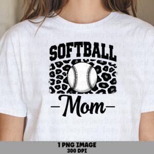 Softball Mom, Leopard Print PNG Design - Baseball Graphic, Distressed Text, Sublimation 300DPI | Commercial Use
