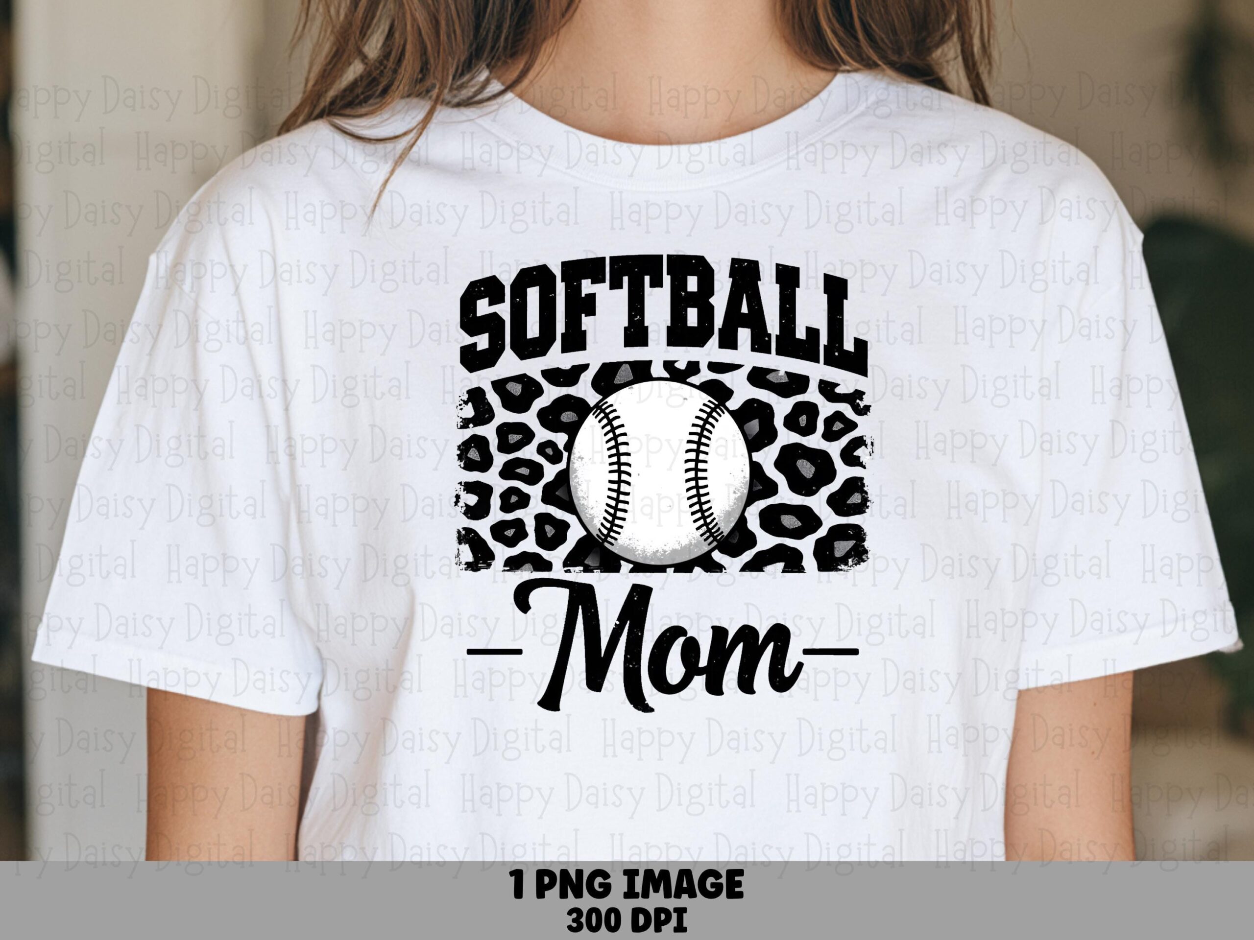 Softball Mom, Leopard Print PNG Design - Baseball Graphic, Distressed Text, Sublimation 300DPI | Commercial Use