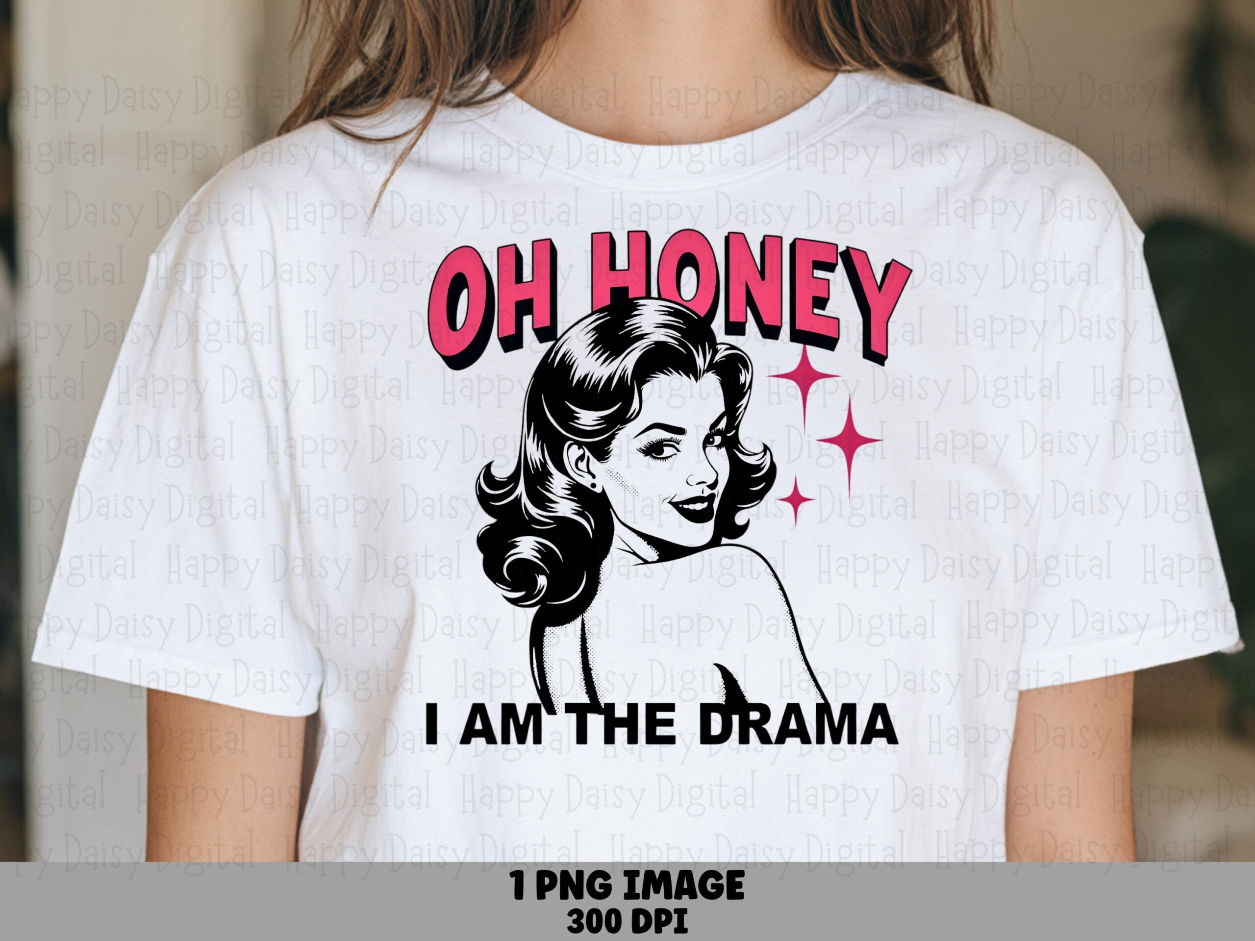 Oh Honey Drama Quote PNG, Retro Pinup Design, Pink Sparkle Accents - 300 DPI, Commercial Use