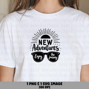 New Adventures Svg, Retro Sunglasses Travel Design | PNG + Vector File Bundle | 300 DPI, Commercial License