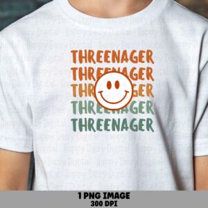 Threenager Png, Retro Stacked Smiley Design For 3rd Birthday, Sublimation DTF Artwork | 300 DPI | Transparent